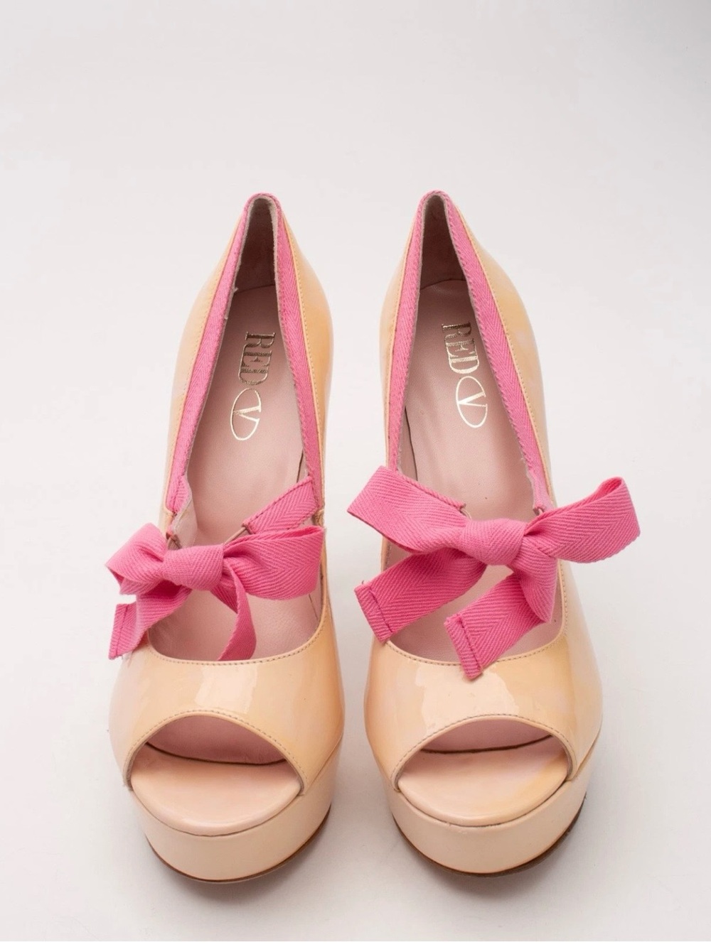 RED Valentino Nude Patent Peep-Toe Platform Pumps with Pink Bow Trim - Picture 3 of 9
